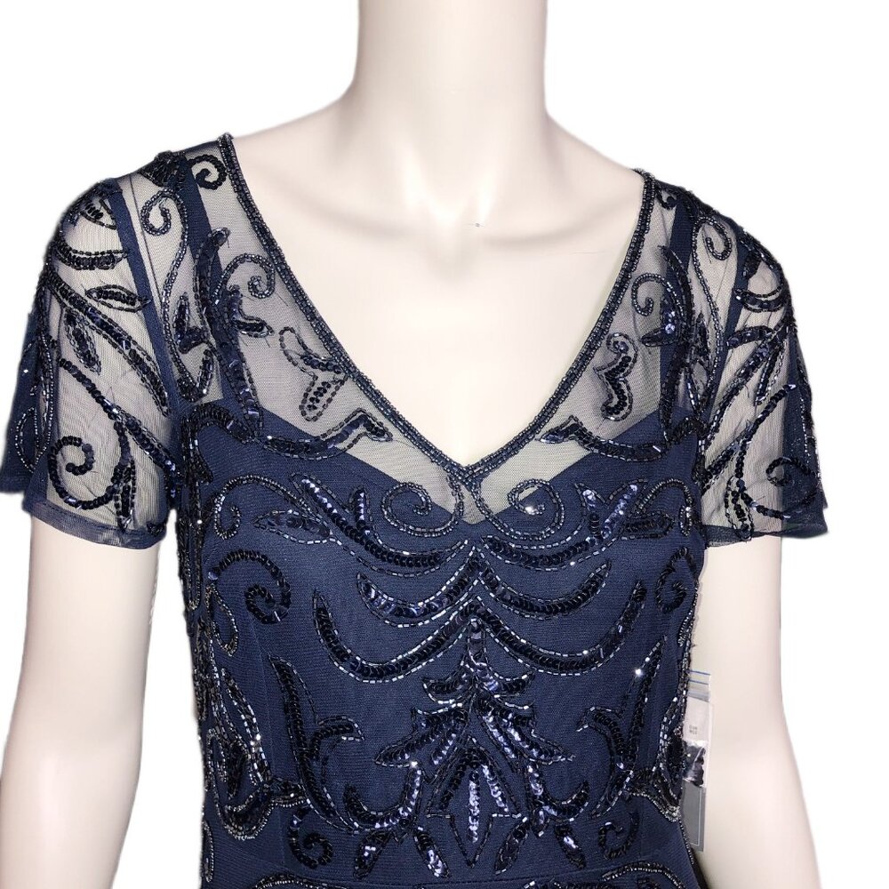 Oleg Cassini Navy Sequin Beaded Cocktail Wedding Guest Dress NWT Size 10